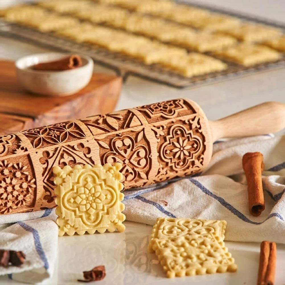 Rhiney Wooden Rolling Pin for Baking - 15"x2" Deep Engraved Embossing Tool for Cookies, Kitchen Decor, Model RL01