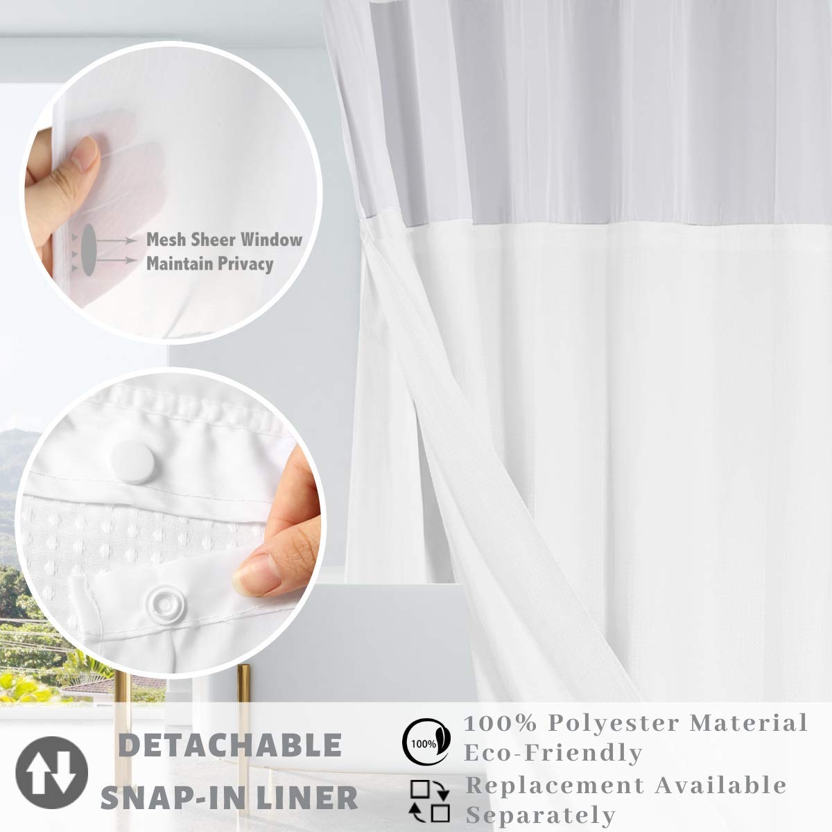 Ecoehoe 71X86 White Waffle Weave Fabric No Hooks Shower Curtain With Removable Polyeste Liner - Heavy Duty Bath Curtain With See