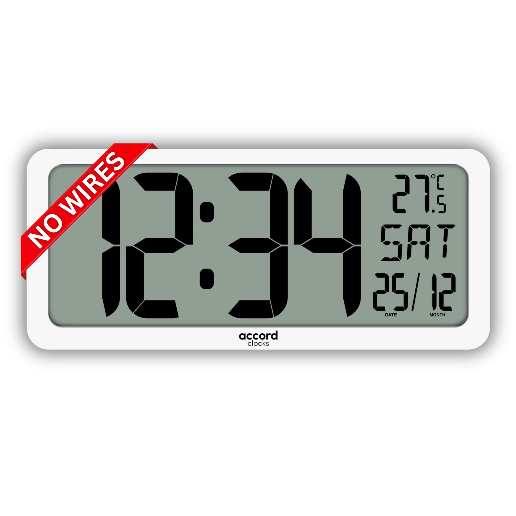 Accord Clocks Large Digital Wall Clock 14 Inch - Battery Operated (No Wires), Big Display With Alarms, Day & Date (Indian Format