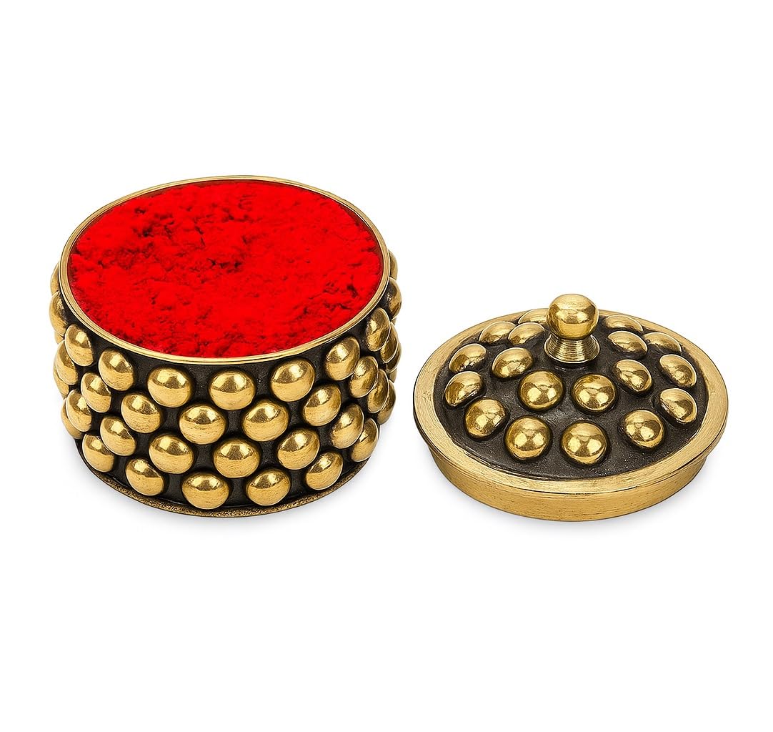 KULIA Sindoor Small Box Brass Round Shape Jewellery Trinket Decorative Box Hindu Pooja Set Kumkum Small Box with Free Sindur Pow