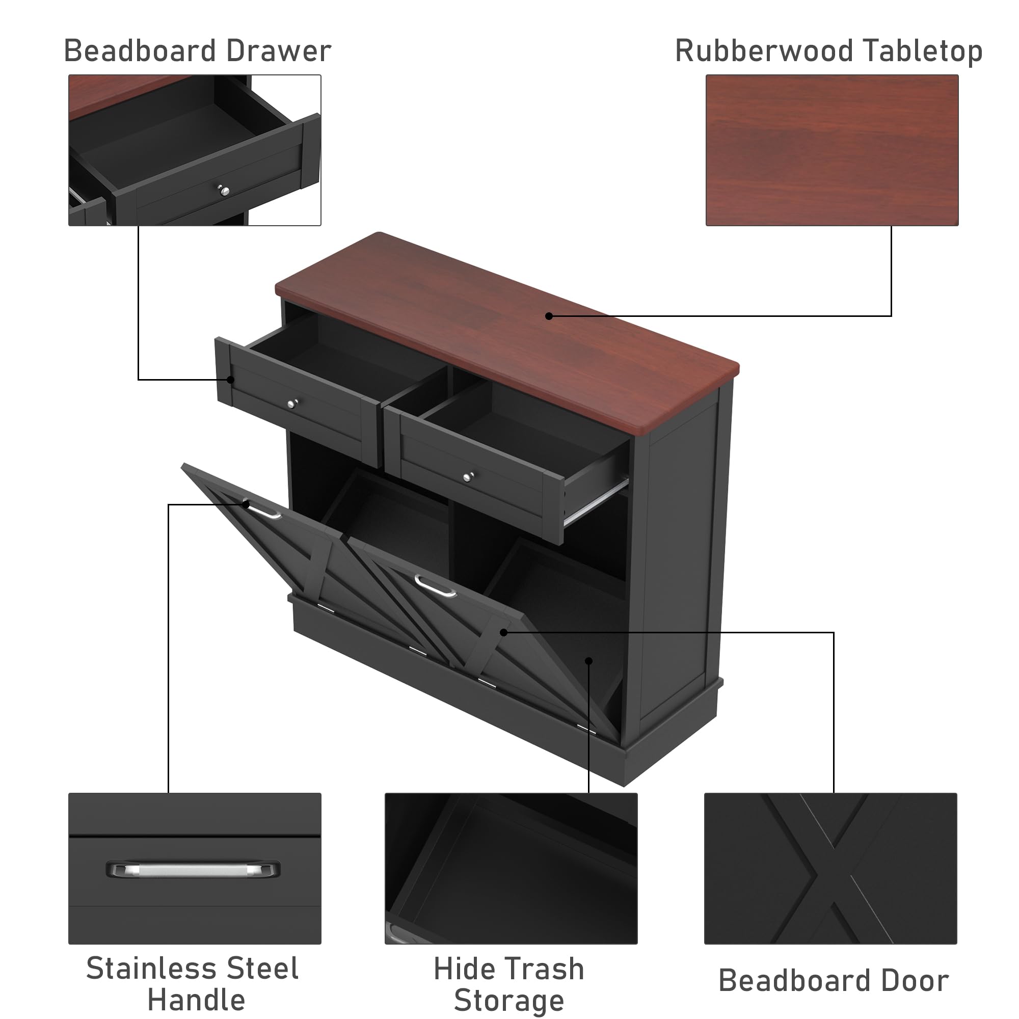 TOLEAD Double Tilt Out Trash Can Cabinet, Black Wood with Barn Door, Pet Proof, Odor Blocking, Farmhouse Style