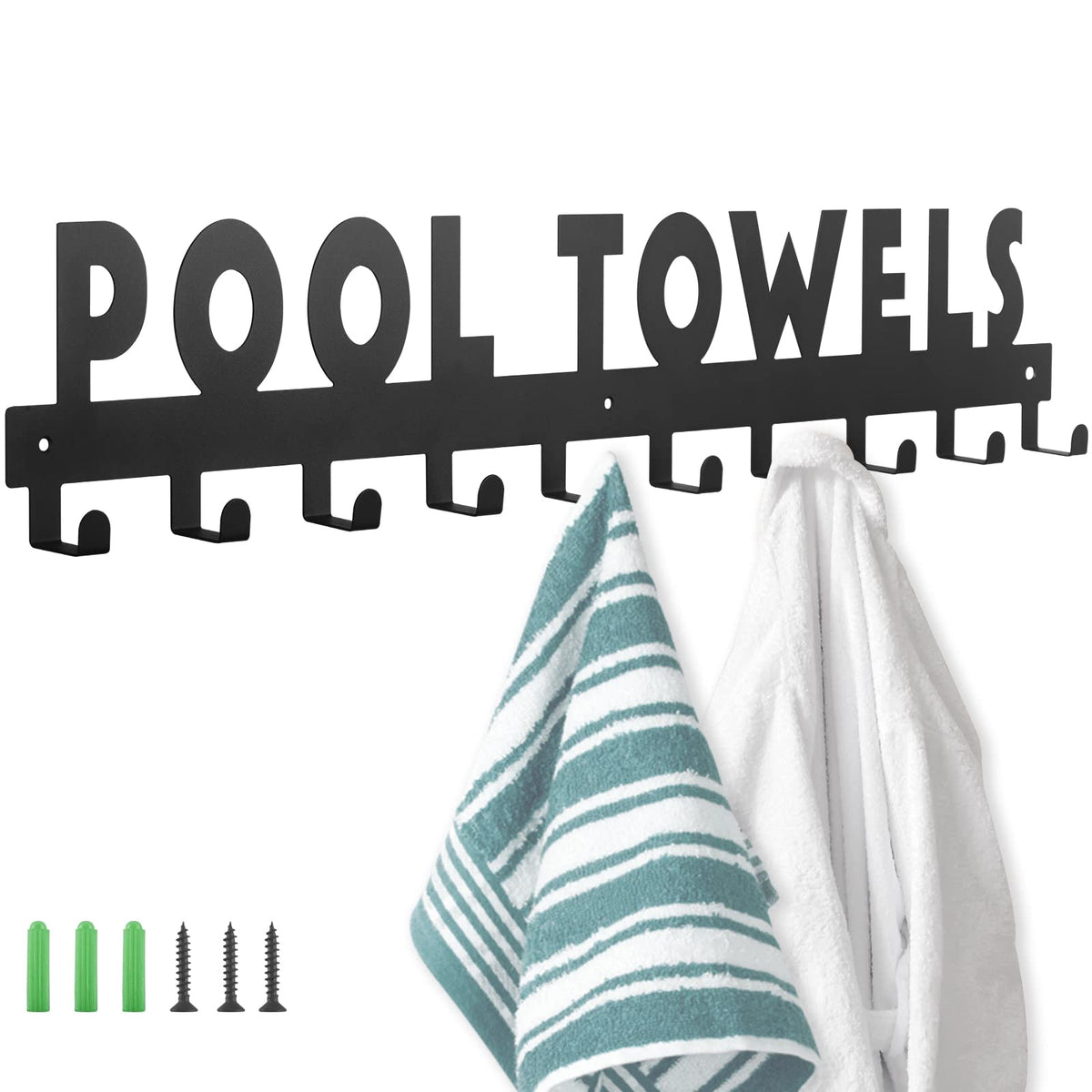 Ibosins Large Pool Towel Rack With 10 Hooks, Towel Holder Wall Mounted For Outdoor, Towel Hanger For Hanging Bathrobes, Towels,