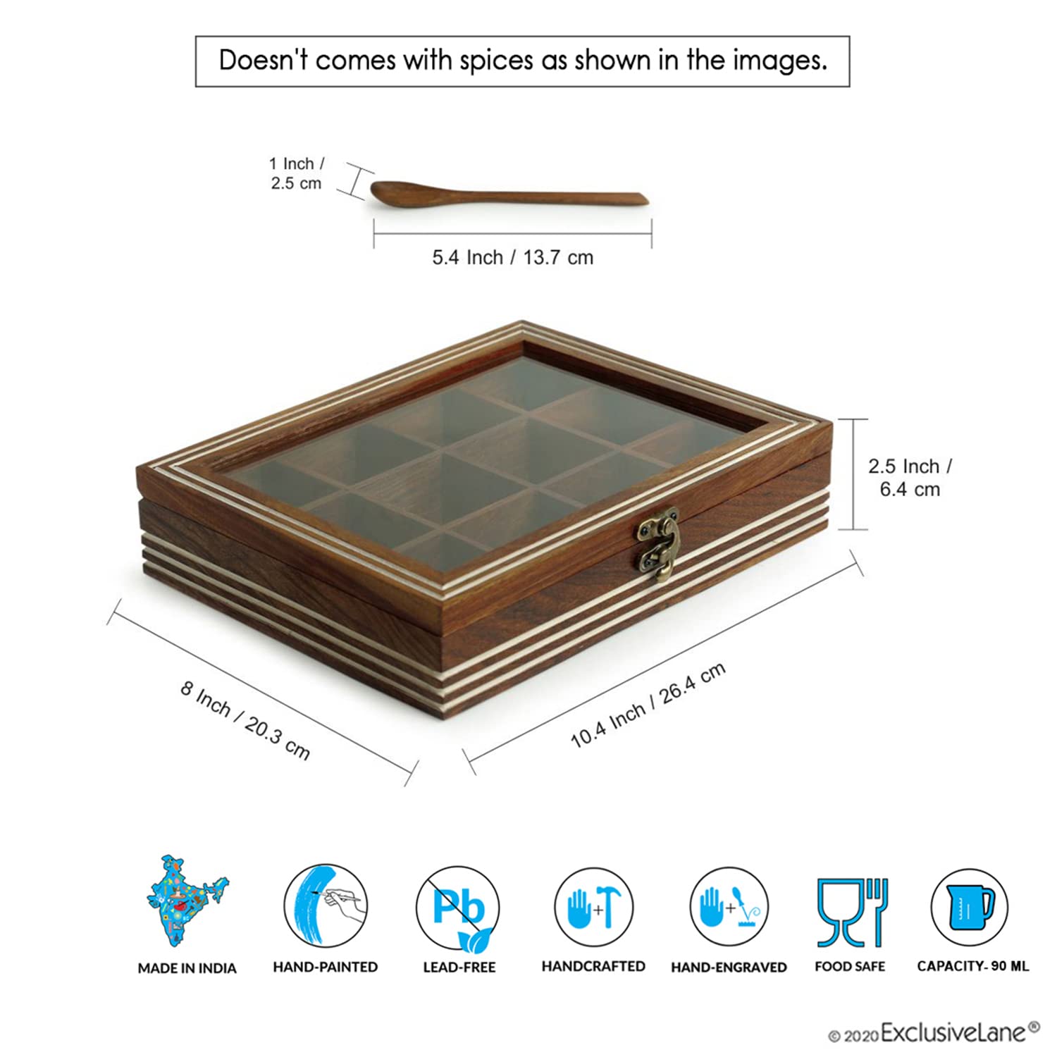 ExclusiveLane Wooden Indian Spice Box With Spoon (12 Compartments, 90 ML Each) - Masala Dabba Wooden Masala Box Namak Daani Shee