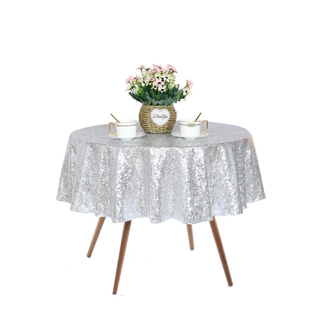 JYFLZQ Silver Round Sequin Tablecloth 50 Small Sparkly Silver Metallic Table Cloths Table Cover Overlay for Wedding Birthday Par