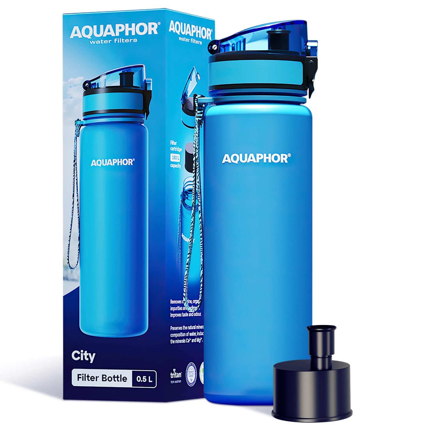 AQUAPHOR City Bottle 500ml Blue  Travel Water Bottle with Activated Carbon Filter  Filters Chlorine & Impurities  Made of Tritan & BPA-Free  Stay Hydrated On The Go!