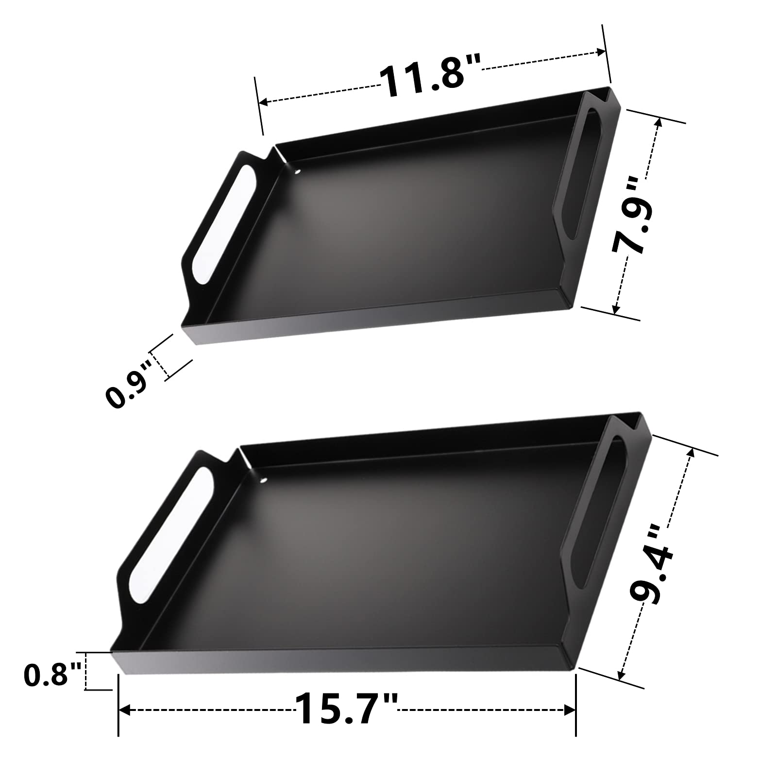 Peohud 2 Pack Black Metal Serving Tray, Decorative Coffee Table Tray With Handles, Vanity Platter Breakfast Tray For Eating, Sto