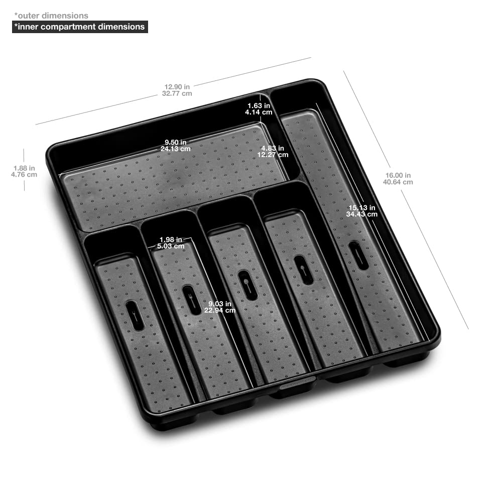 Madesmart Silverware Tray-Carbon Collection 6 Compartments, Soft-Grip Lining & Non-Slip Feet & Bpa-Free, Large