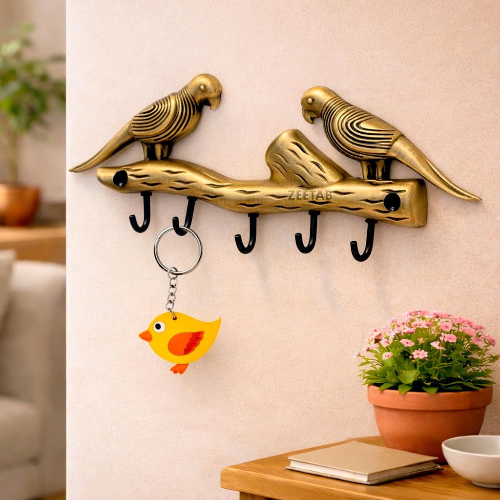 Zeetab Two Love Bird Key Holder with 5 Hooks | Parrots Brass Key Stand & Wall Mount Hanger | Home Decor & Housewarming Gift 21x7