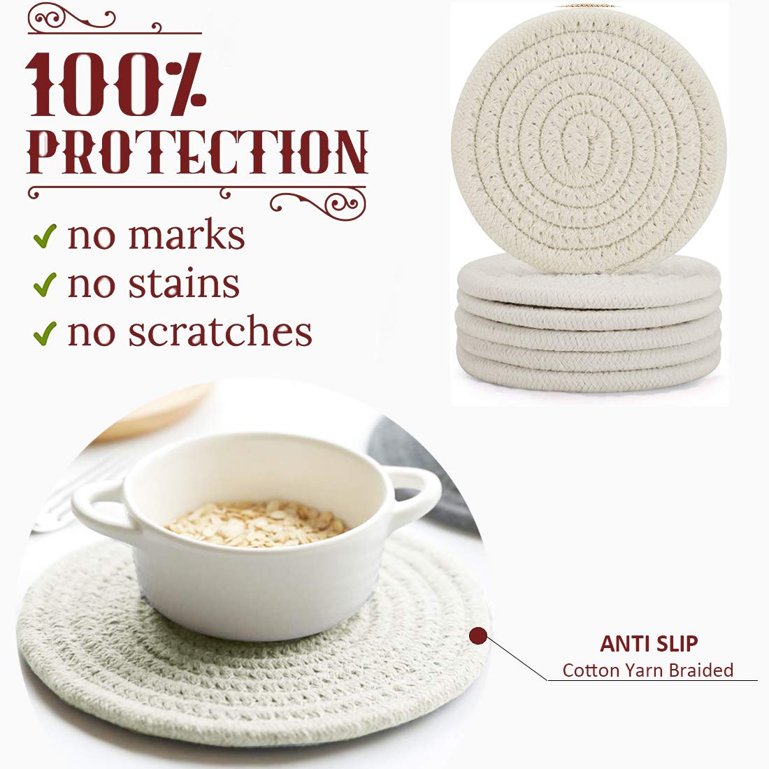 Absorbent Drink Coasters Handmade Braided Drink Coasters 6 Pack (4.3 Inch  Round  8mm Thick) Super Absorbent Heat-Resistant Coasters for Drinks Great Housewarming Gift (Beige  6 Pack)