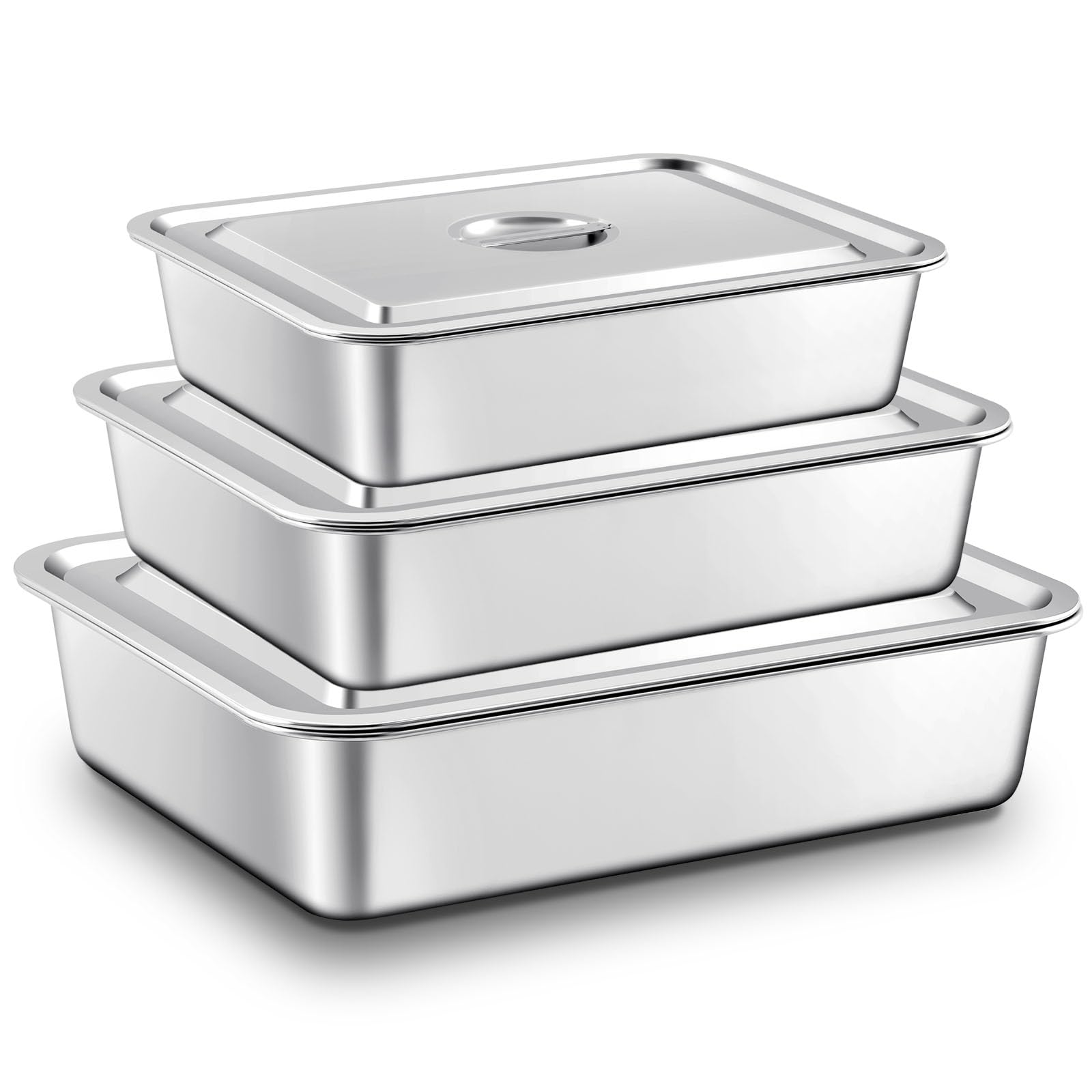 Tiangrid 3 Pcs Stainless Steel Bus Tubs with Lid 4 Deep Meat Commercial Tote Box Dishwashing Utility Prep Tub Table Pans, Silver