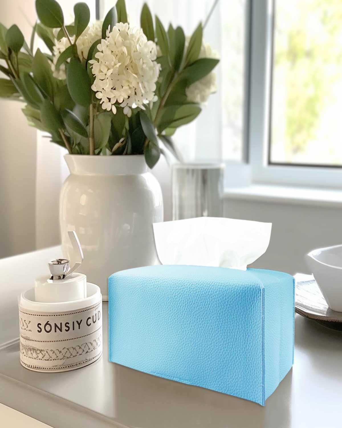 Sky Blue Tissue Box Cover Rectangular - Plus Size Large Tissue Box Cover Rectangle [Jesmini] Faux Leather Tissue Box Holder Long