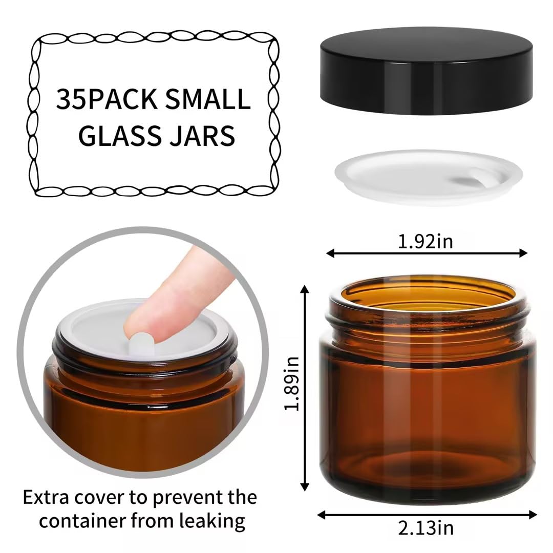 Keywing 2Oz Small Glass Jars, 35 Pack Amber Glass Cosmetic Jars With Black Lids, Round Sample Container With Inner Liners For Cr
