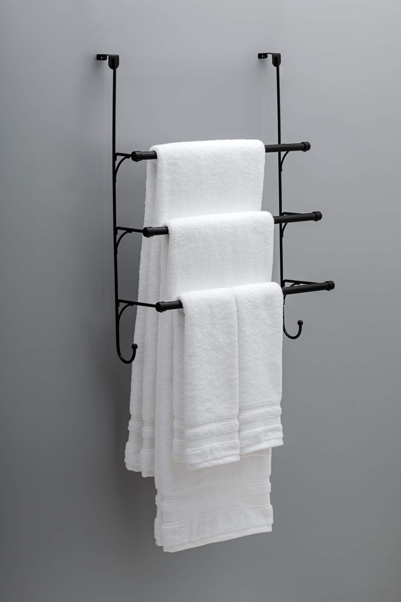 Franklin Brass (1-Pack) Over The Door Hooks Triple Towel Rack Matte Black 3-Tier Towel Bar Rack With Hooks For Bathroom Organize