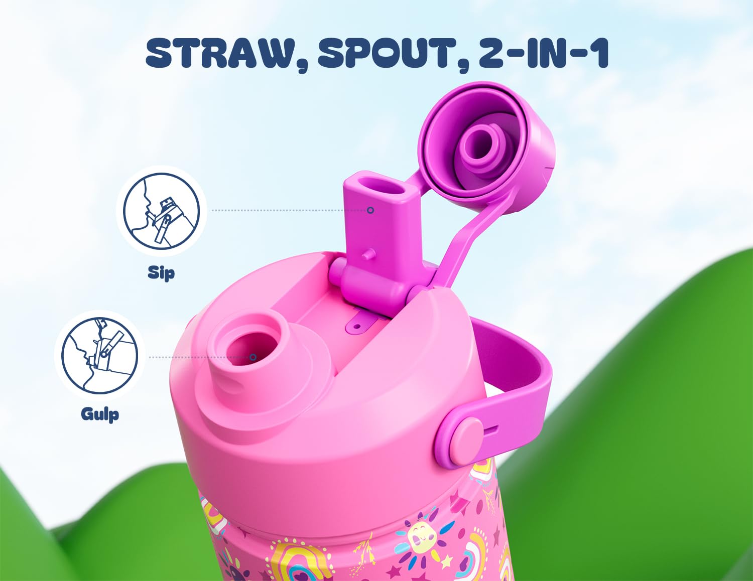 18 oz Kids Insulated Water Bottle: BPA-Free, Easy Clean, Keep Cold 24H, Leakproof, Stainless Steel Cup, Unique Patterns, Dual-Fu