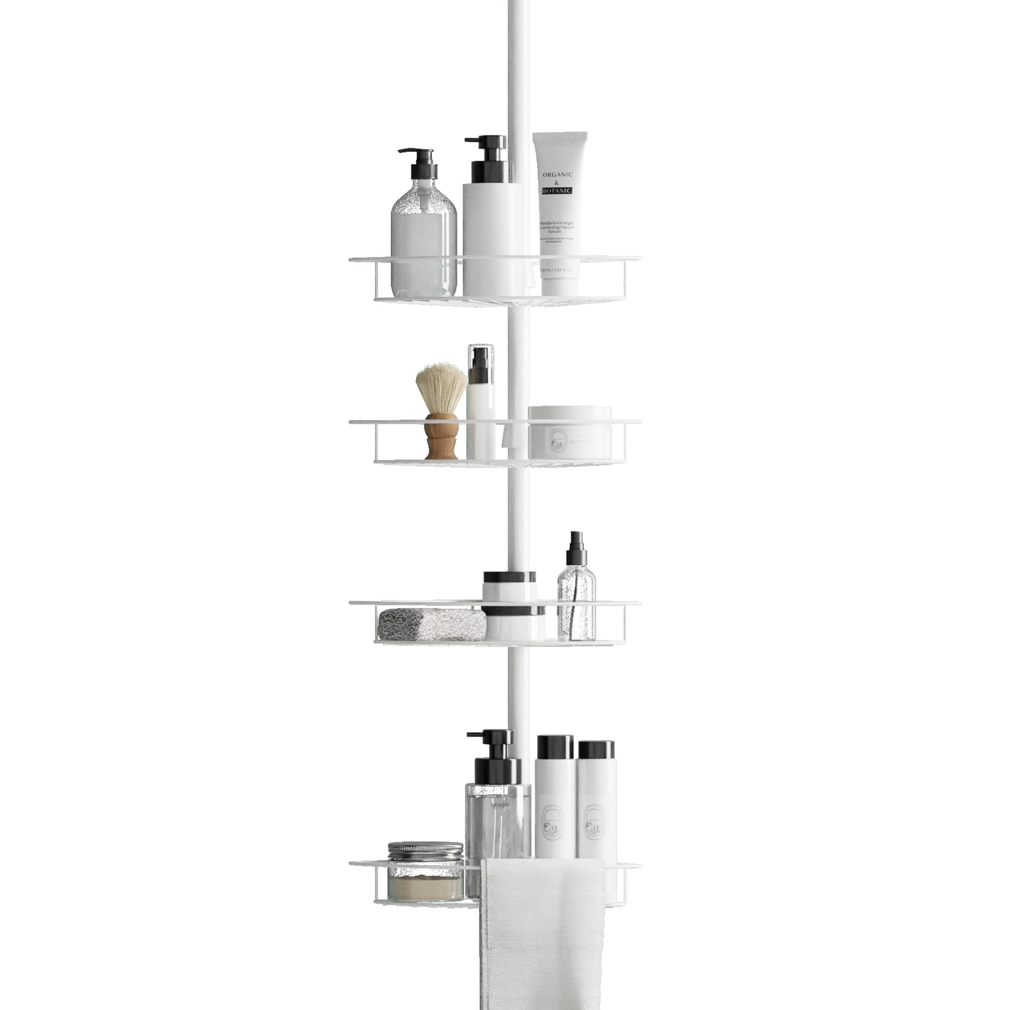 Zenna Home Tension Pole Shower Caddy Corner Organizer, Adjustable Standing Shower Caddy with 4 Baskets and Built in Towel Bar, R