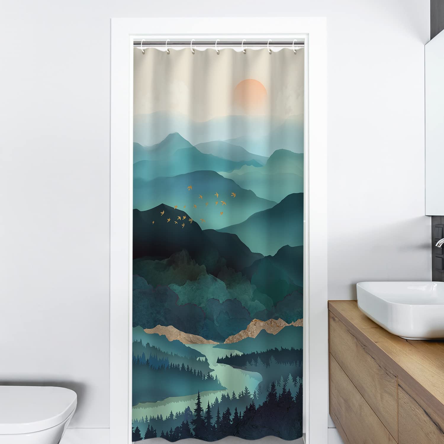 Rosielily Stall Shower Curtain 36''X72'' Inches Small Shower Curtain, Forest Mountain Shower Curtain Tree Shower Curtains For Ba