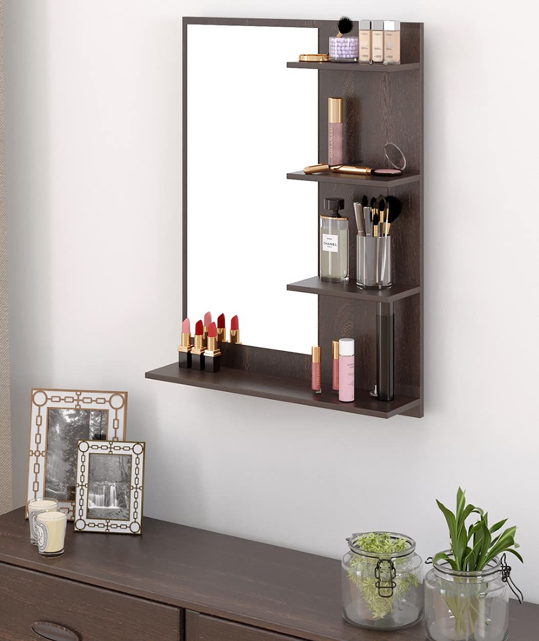 BLUEWUD Rico Mini Engineered Wood Wall Mount Dressing Table Organizer Makeup Vanity with Mirror Storage Shelves for Bedroom Home