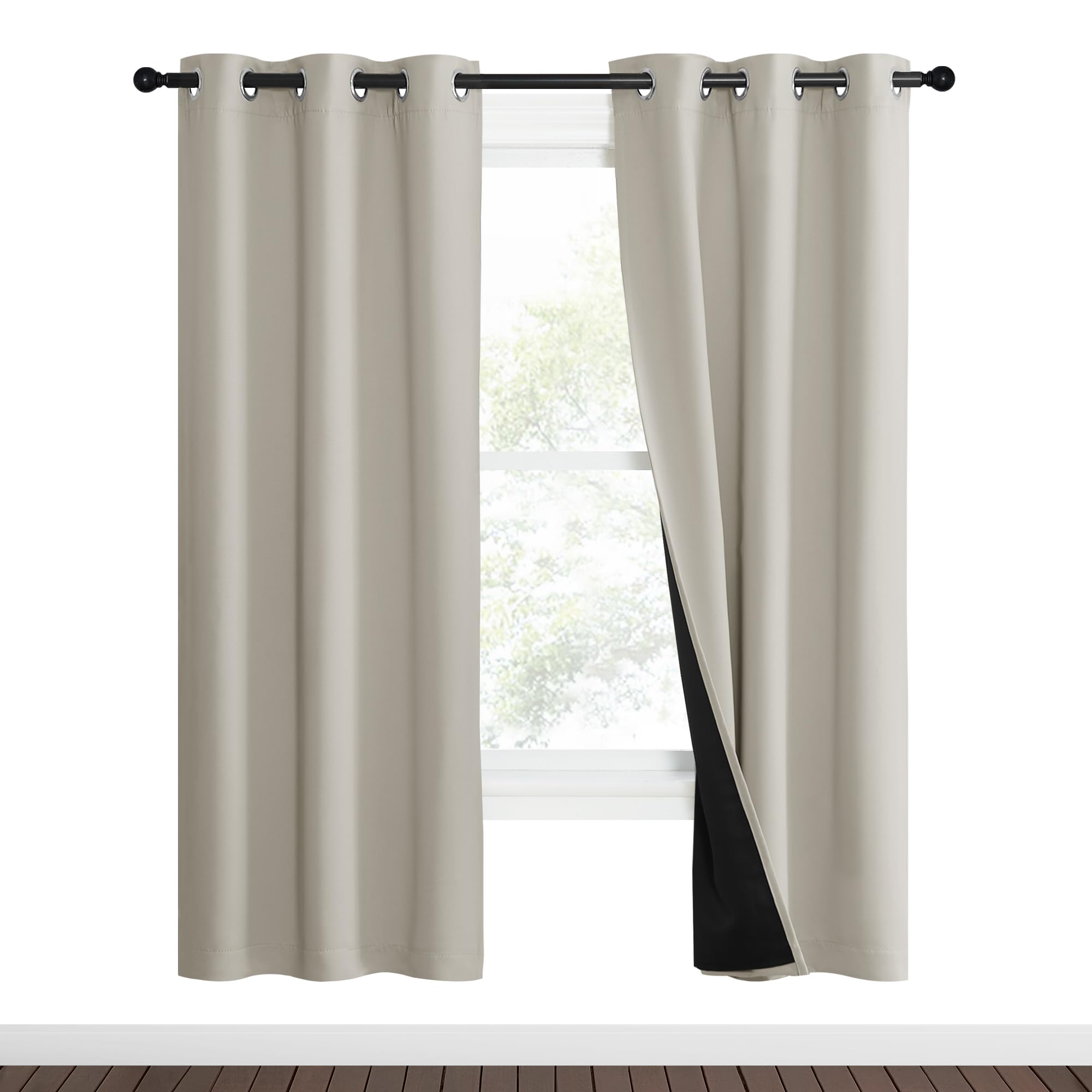 NICETOWN Natural Blackout Curtains 70 inches Long, 2 Pieces, 37 Wide Each Panel, Full Light Blocking Drapes with Black Liner for