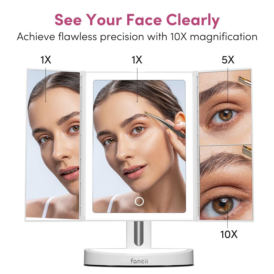 Fancii Trifold LED Makeup Mirror - Rechargeable, 5X & 10X Magnification, Touch Screen, White, 11"L x 7"W, Model FC-RVMM151
