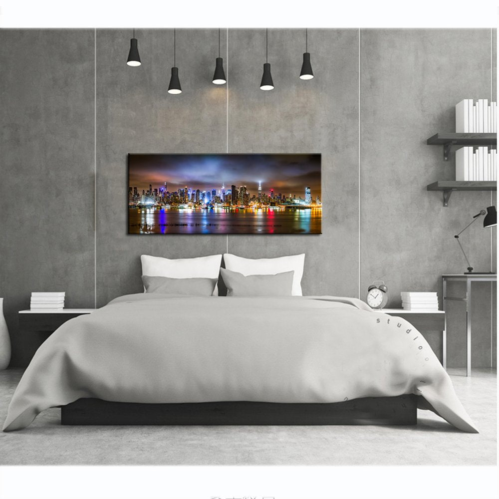 sechars - New York City Canvas Wall Art Manhattan Skyline Panorama on Cloudy Night Picture Giclee Art Print Modern Home Office Wall Decoration Stretched Canvas Ready to Hang