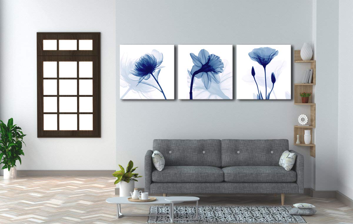Wieco Art Blue Flowers 3 Panels Canvas Print Wall Art Modern Pictures Artwork For Living Room Bedroom And Home Decorations