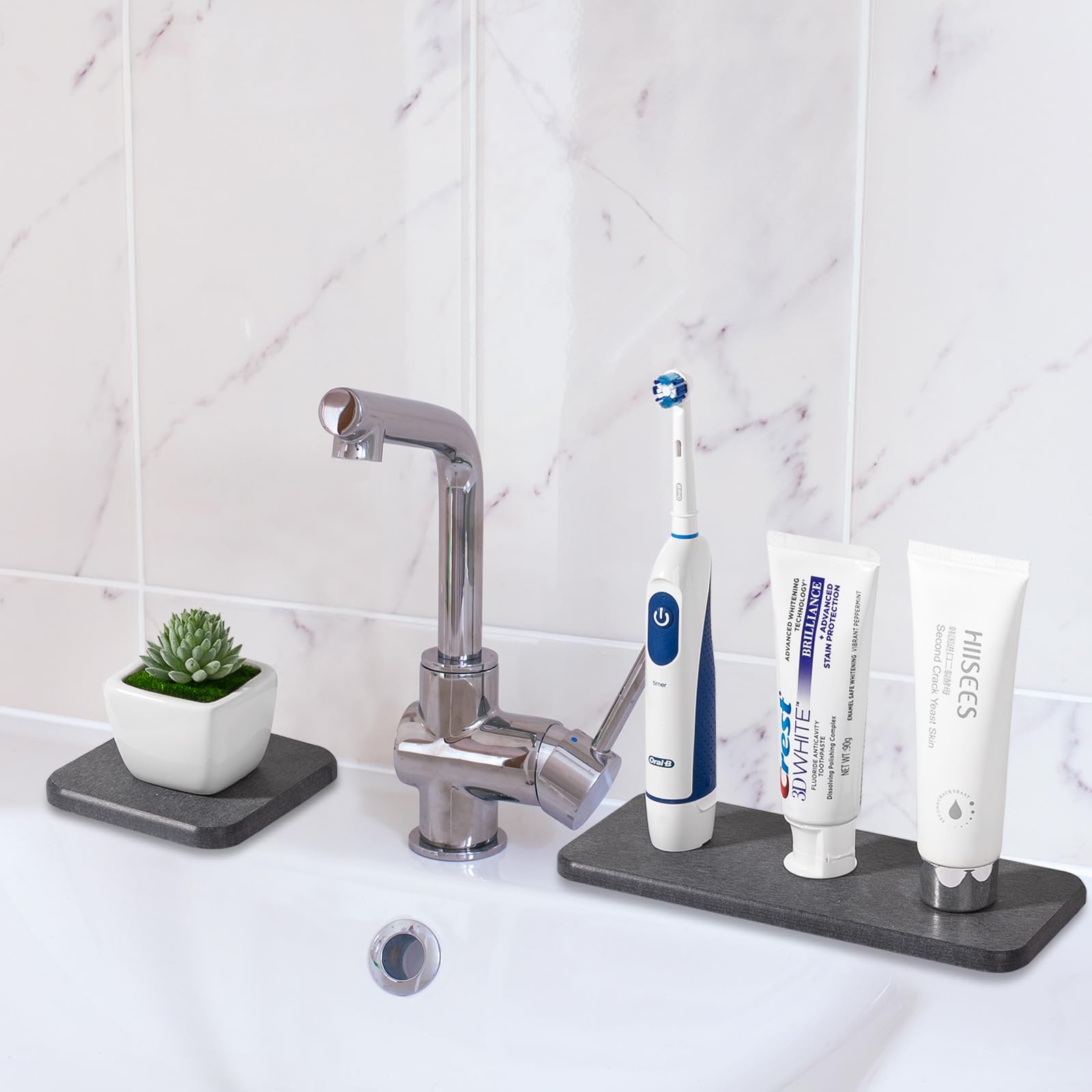 2Pcs Water Absorbing Stone Tray For Sink, Diatomite Bathroom Tray Quick Dry Dish Soap Holder Kitchen Sink Organizer For Modern H