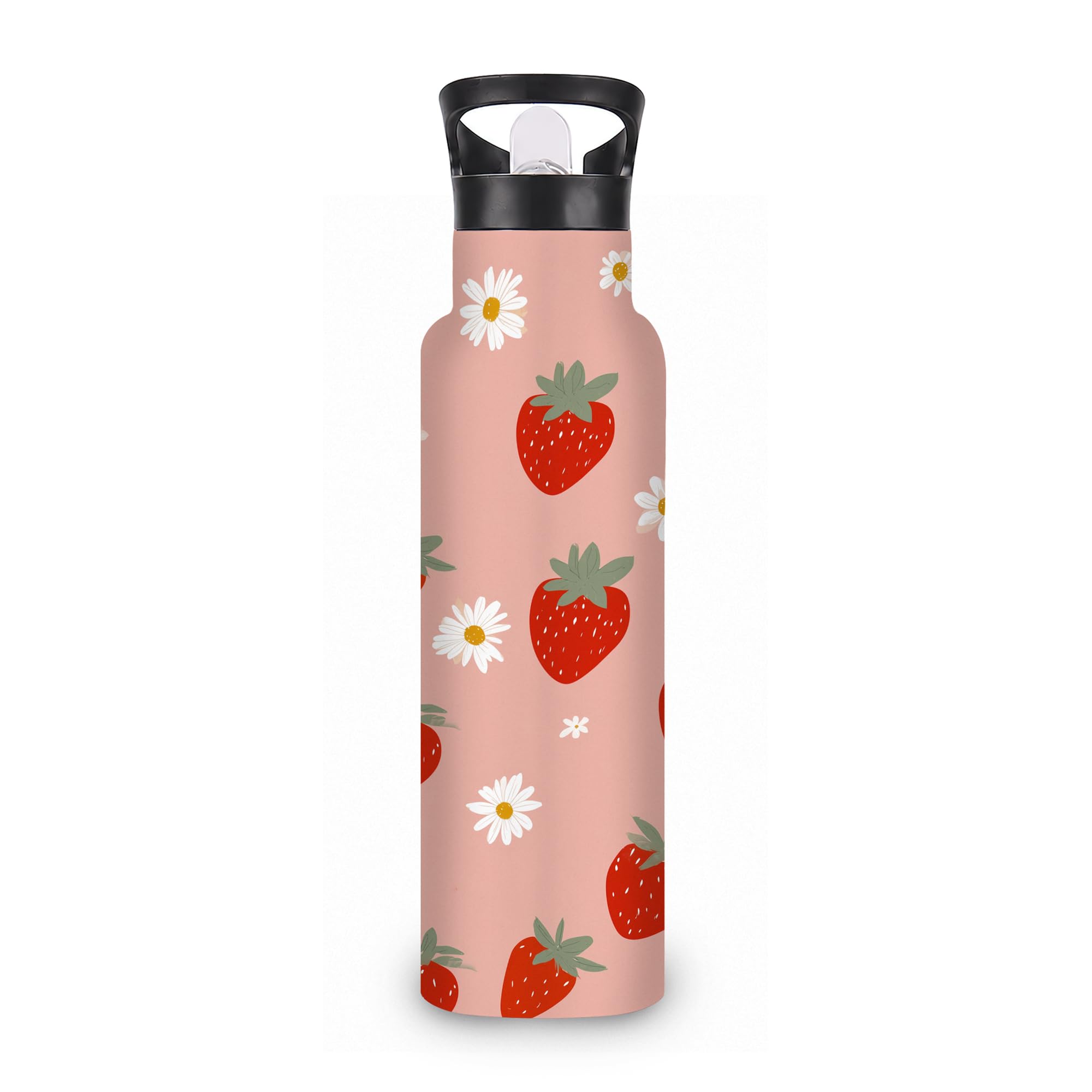 ICRICR Strawberry Daisy Insulated Water Bottle,Floral Pink Stainless Steel Water Bottles 20 oz with Straw Lid,Leak Resistant Dou