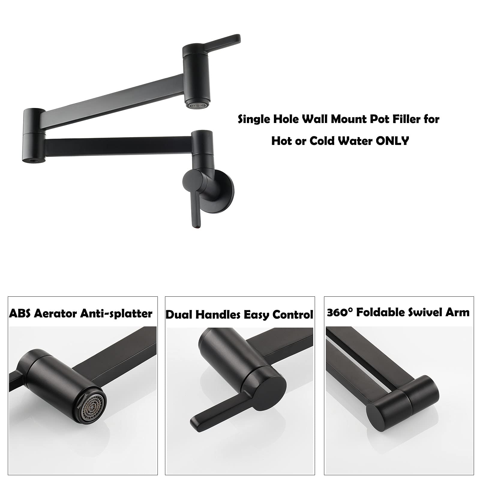 Black Pot Filler Faucet, Biveah Brass Wall Mount Two Handle Kitchen Faucet Tap For Cold Water, Klb008B