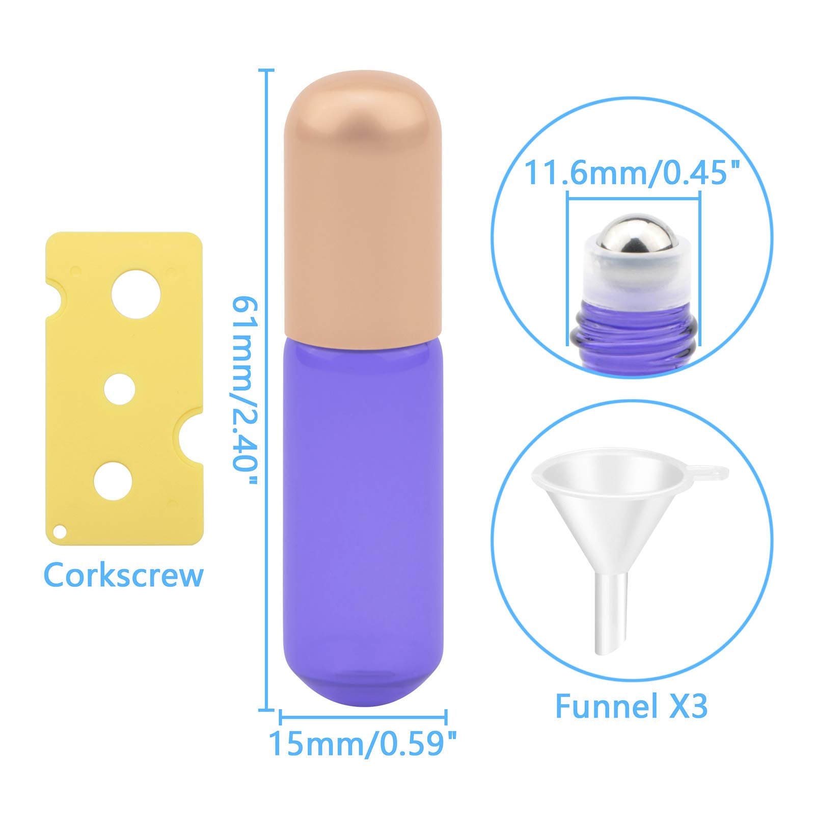 Newzoll 15Pcs Purple Glass Roller Bottles 5Ml Roll-On Bottles Refillable Empty Rolling Bottles Roller Vials Container For Essent
