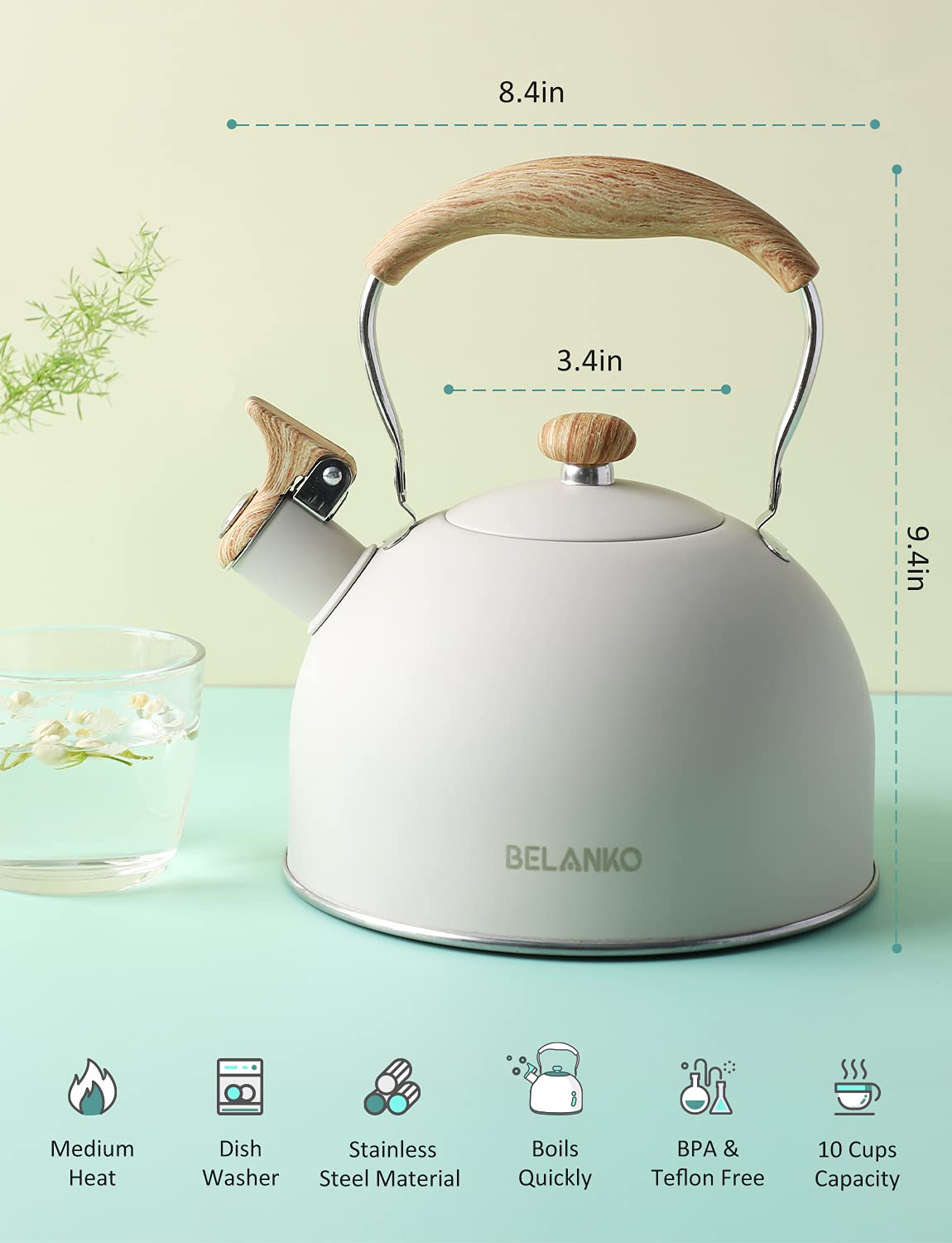 Tea Kettle, Belanko 85 Oz / 2.5 Liter Whistling Tea Kettle Pots For Stove Top Food Grade Stainless Steel With Wood Pattern Foldi