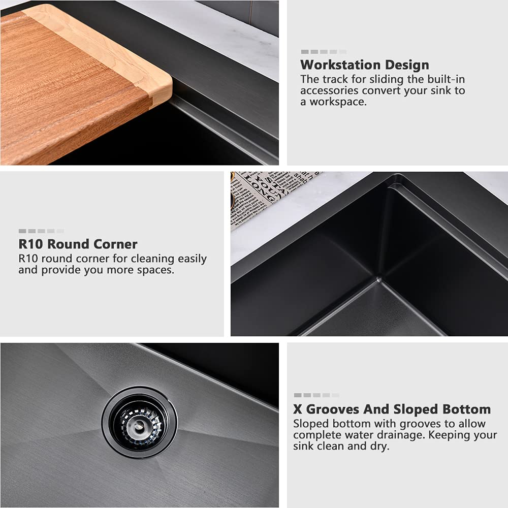 32 Inch Black Drop In Kitchen Sink Workstation-Vasoyo 32X22 Drop In Kitchen Sink Black Stainless Steel Workstation Sink Topmount