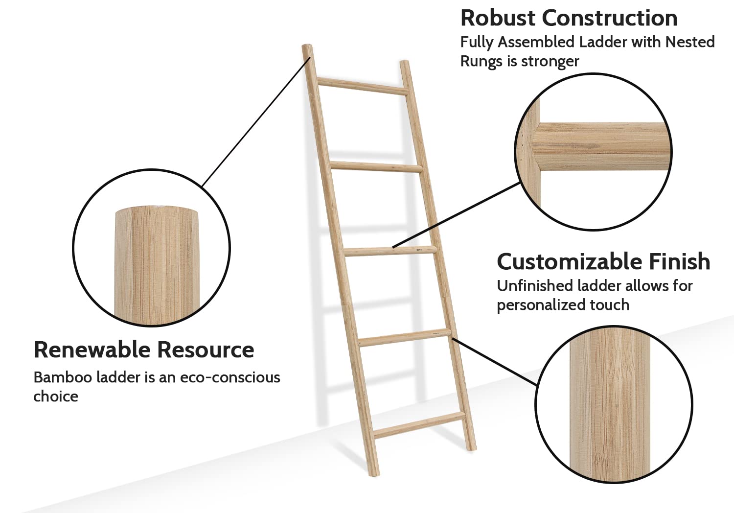 FUIN Bamboo Blanket Ladder - 57in Rustic Wood Towel Rack, Unfinished Farmhouse Quilt Display Holder for Living Room and Bathroom