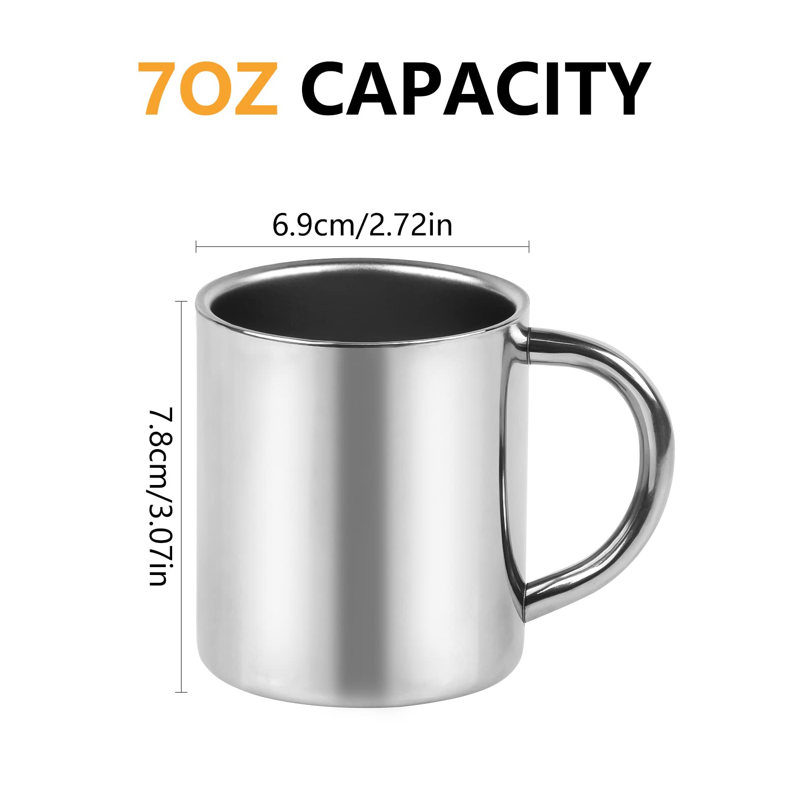 Cabax 7Oz / 210Ml Mug, Double Walled Coffee Mug With Handle, Stainless Steel Shatterproof Tea Cups For Kids Camping Mugs, Pack O