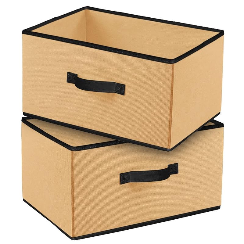 M Teaser Modern NonWoven Foldable Drawer Storage Organiser Box With Side Handle For Clothes And Toys, Beige, Pack Of 2