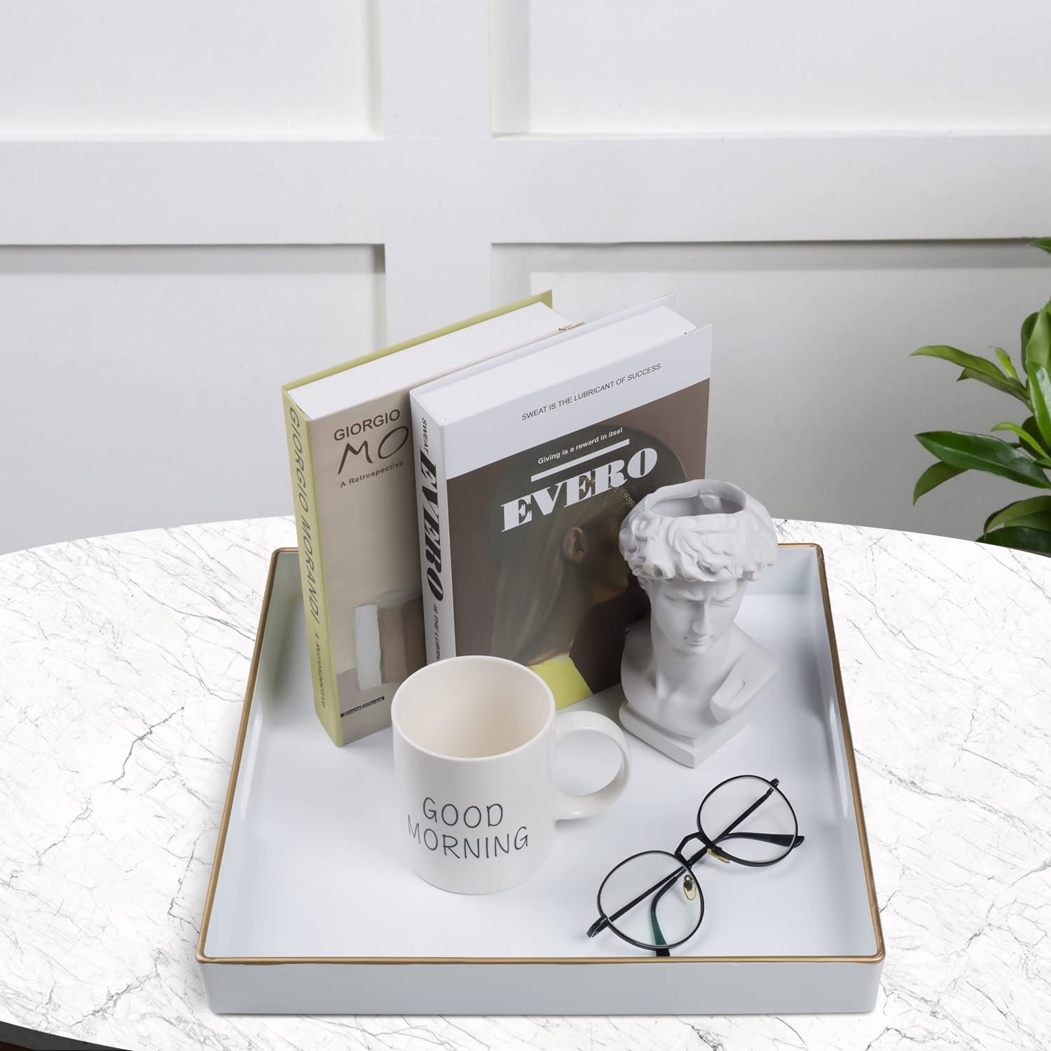 MAONAME Decorative Tray  White Serving Tray with Handles  Coffee Table Tray  Square Plastic Tray for Ottoman  Bathroom  Kitchen  13''x13''x1.57''