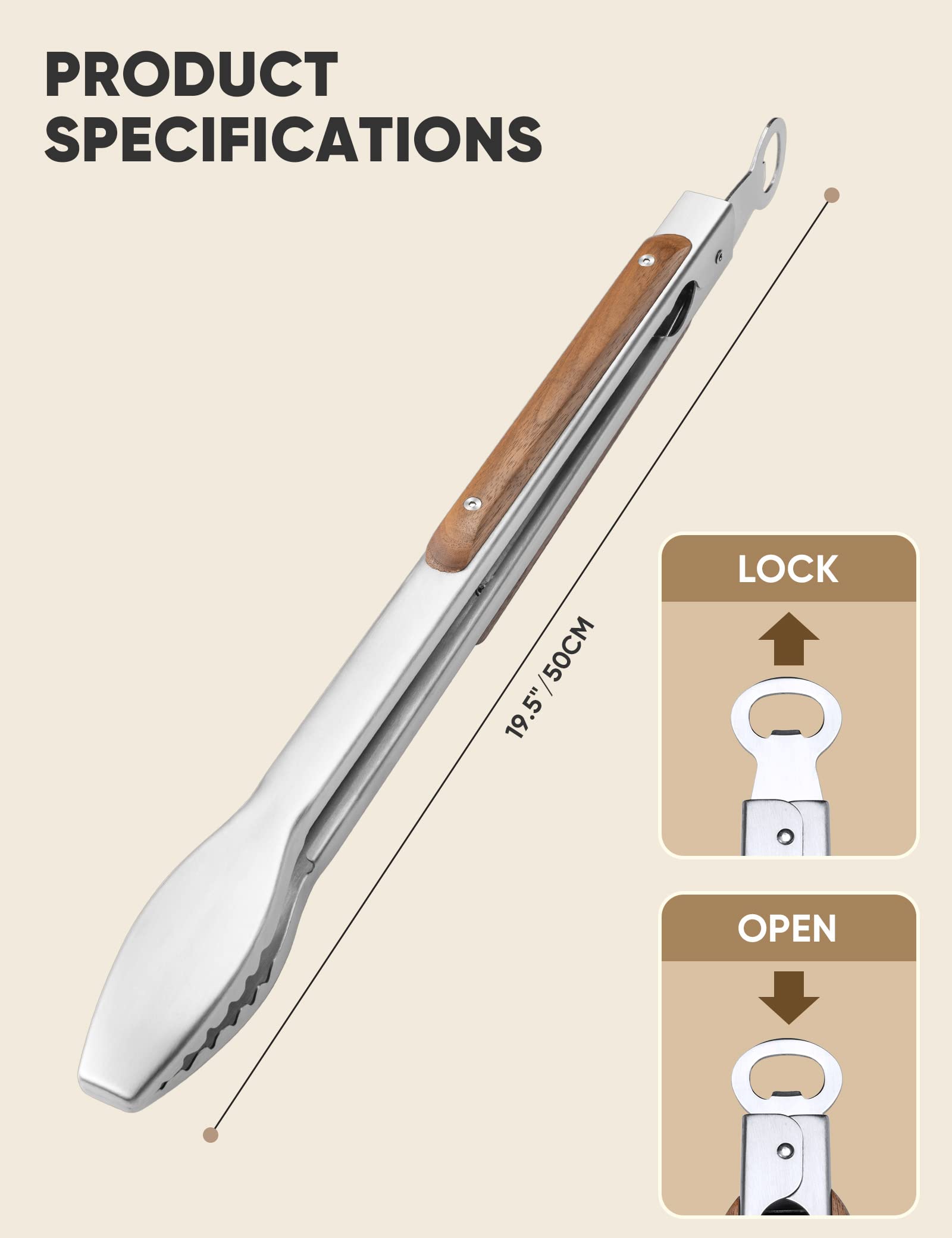 Wood-Handled Grill Tongs, 19.5''/50Cm Extra Long Bbq Tongs, Heavy Duty Premium Stainless Steel Metal Tongs With Solid Wood Handl