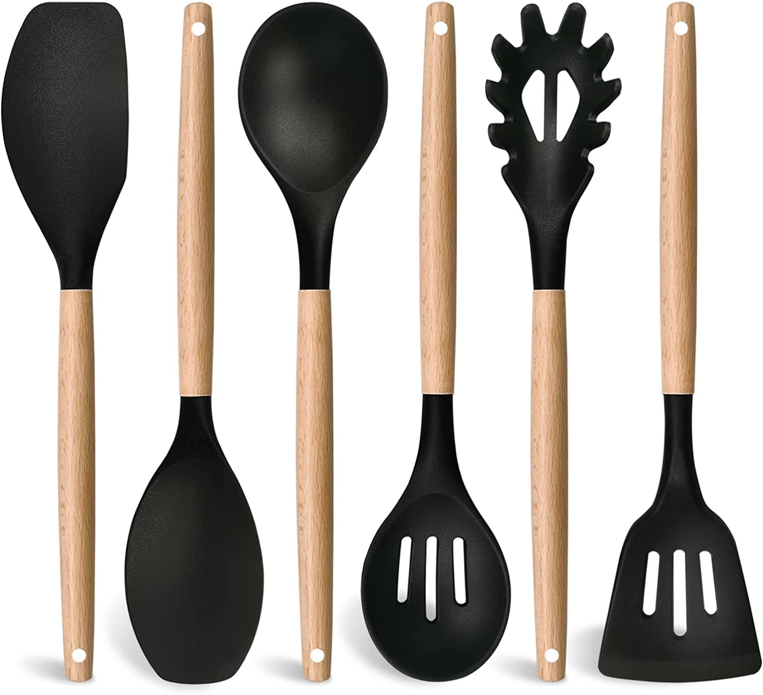 Fs Cool 6Piece Kitchen Utensils Set With Silicone Head Wooden Handle, NonStick And 446F Heat Resistant, Suitable For Kitchen &