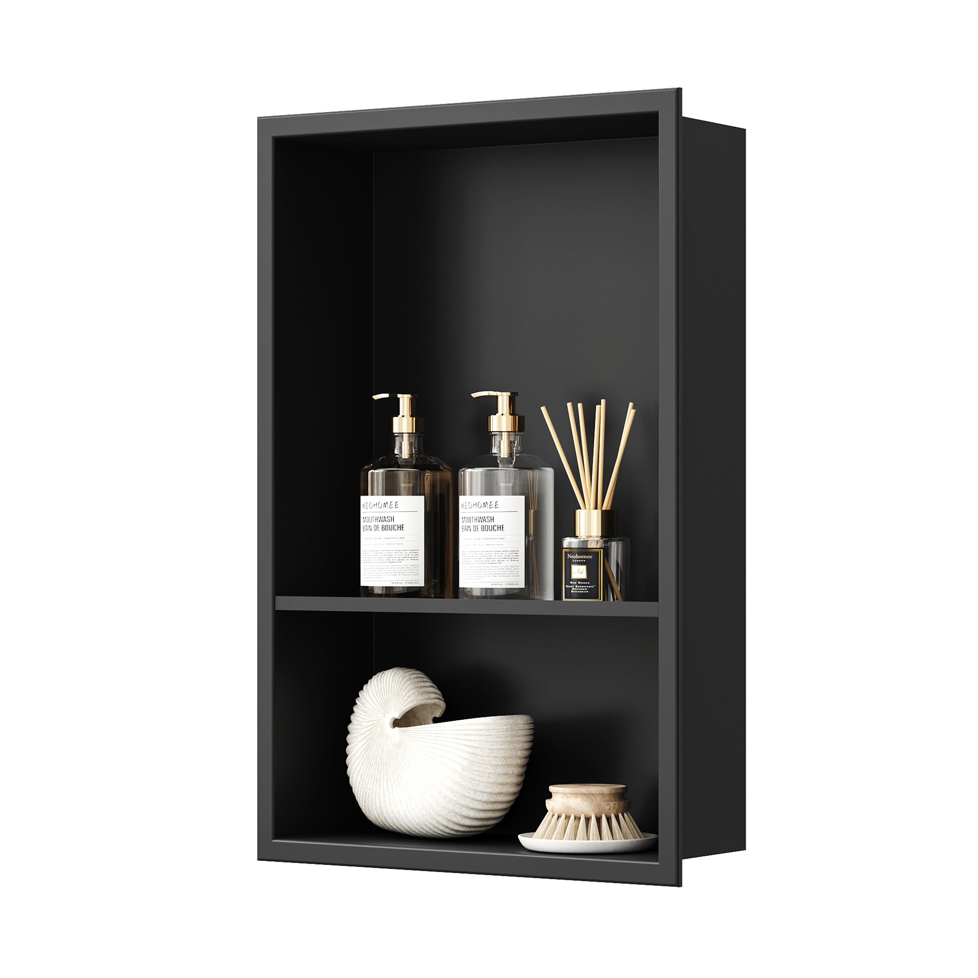 Neodrain 12X18 Inch Matte Black Double Shelf Stainless Steel Shower Niche, No Tile Needed Bathroom Niche, Two Layer Recessed Bui