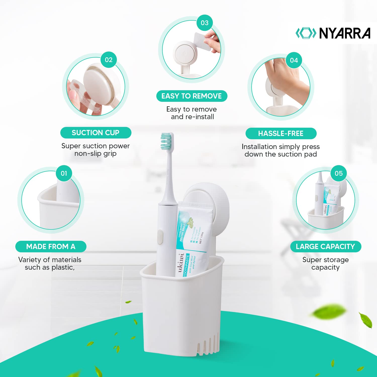 Nyarra Toothbrush Holder For Bathroom, Easy One Push Wall Mount With Powerful Vacuum Suction Cup, Multifunctional Organizer Whit