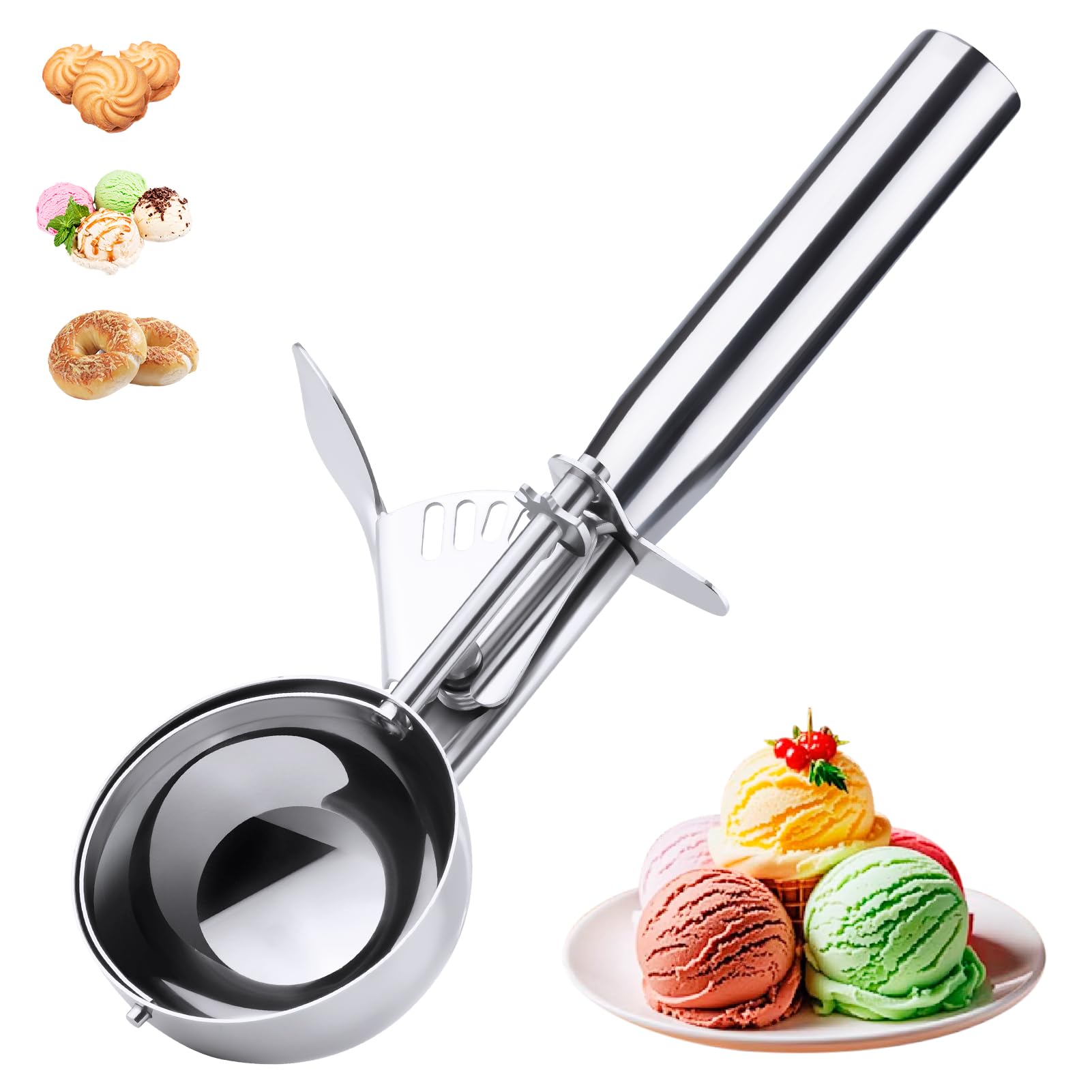 Ice Cream Scoop Stainless Steel, Ice Cream Scoop With Trigger, Cookie Scoop For Baking, Large Ice Cream Scooper, 18/8 Stainless
