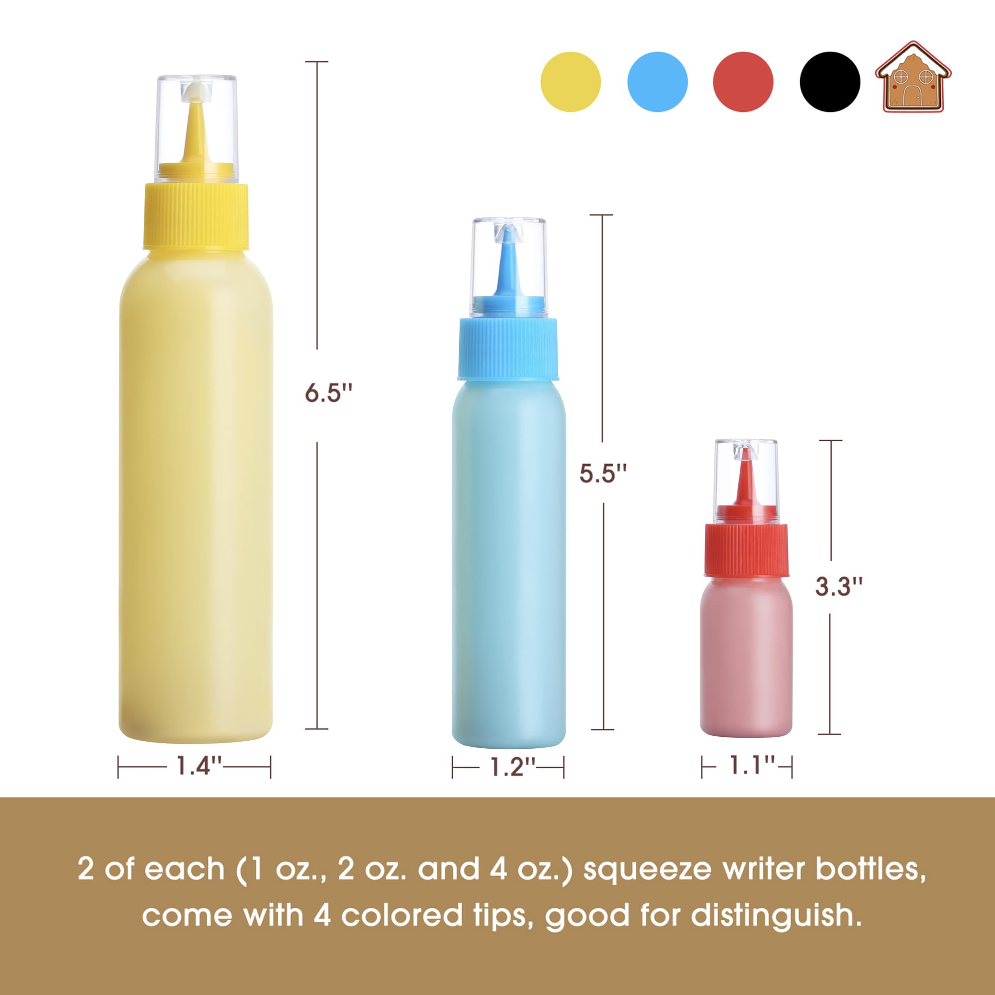 Goloho Cookie Icing Bottles, 6 Squeeze Applicator Bottles, 2 Each (1, 2 And 4 Ounces), Royal Icing Tools, Cake Sugar Cookie Deco