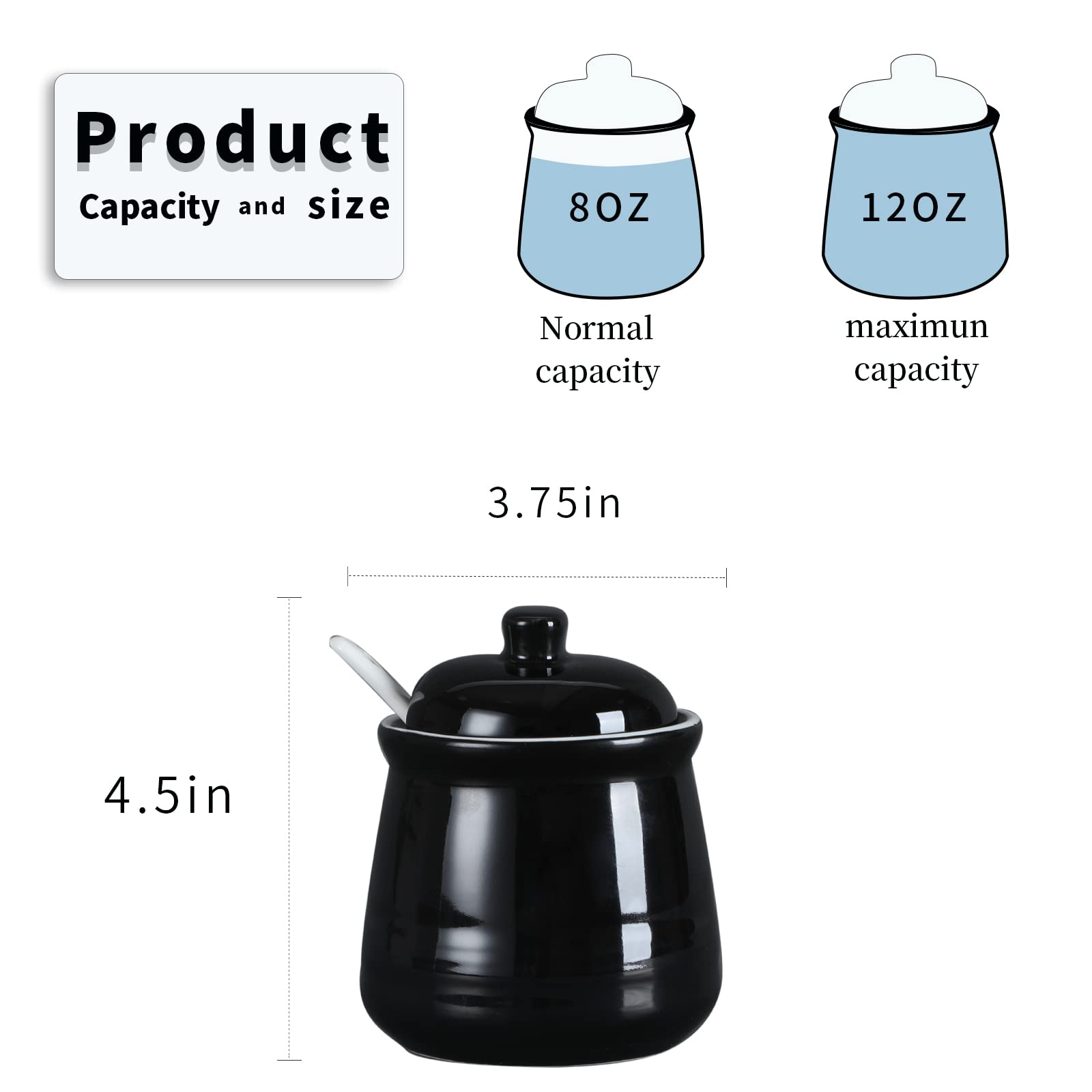 Haotop Porcelain Salt Bowl With Lid And Spoon,Ceramic Sugar Bowl 12Oz (Black)