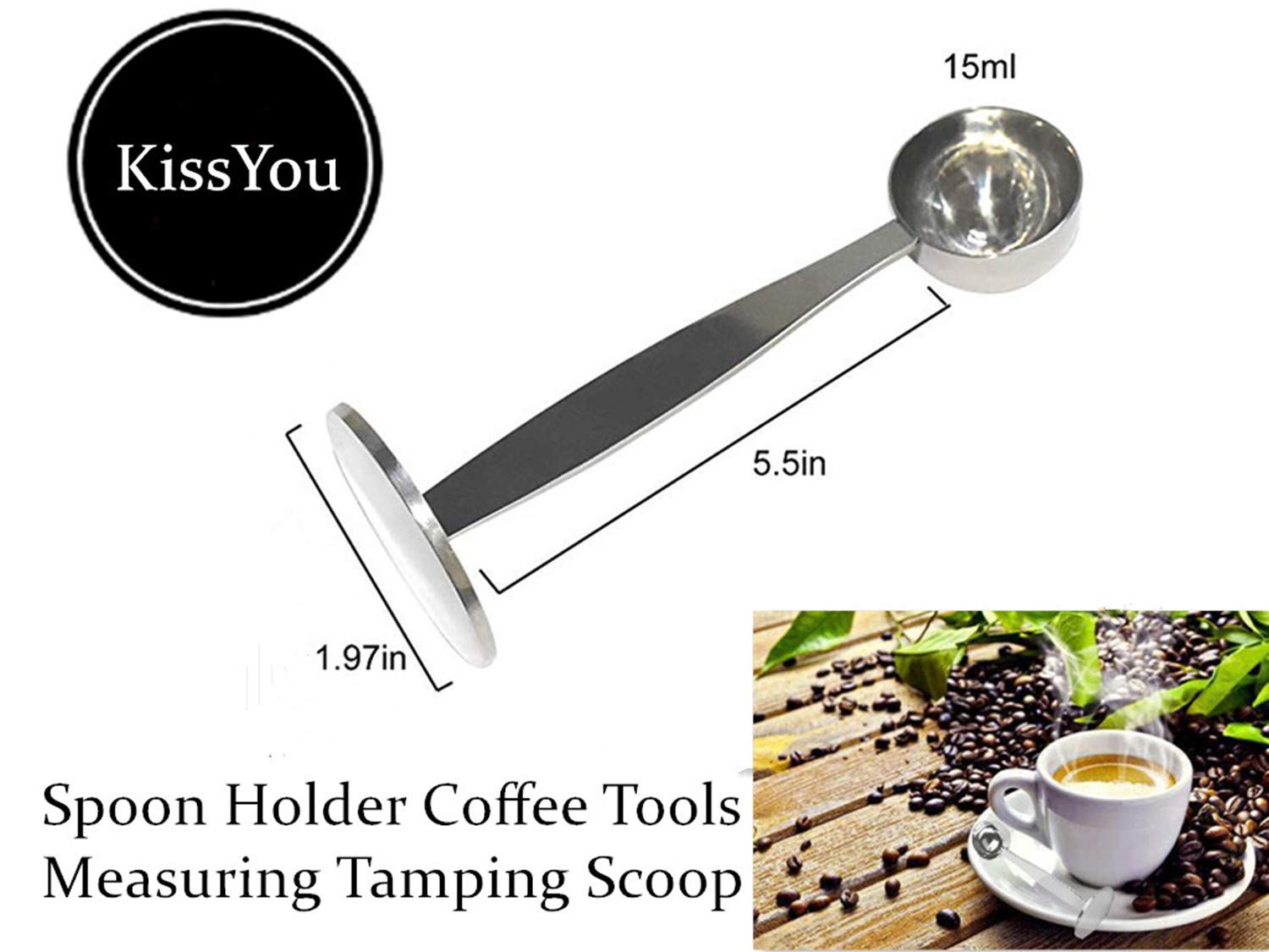 KissYou Stainless Steel 2-in-1 Espresso Scoop & Tamper - Silver Multi-Function Coffee Tool for Measuring and Tamping