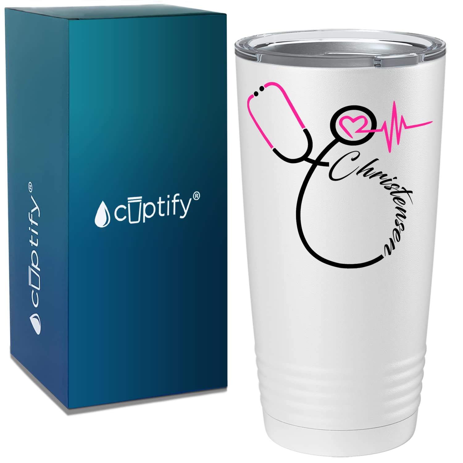 Cuptify Personalized Nurse Pink Stethoscope White 20 Oz Stainless Steel Nurse Tumbler Gift