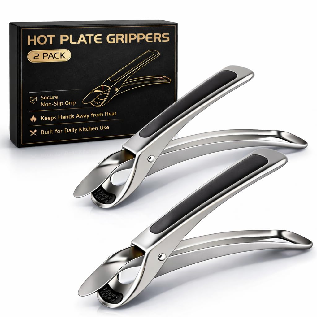 2 Pack Hot Plate Gripper Tongs, Stainless Steel AntiScald Plate & Bowl Holder with NonSlip Silicone Pads, Heat Resistant Pan G