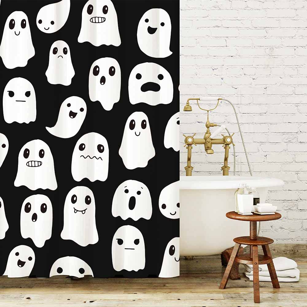 Shengjun 72X72 Inches Halloween Ghost Shower Curtain, Spooky Cute Funny Cartoon Ghosts Icons Black And White Fabric Kids Boy Tri