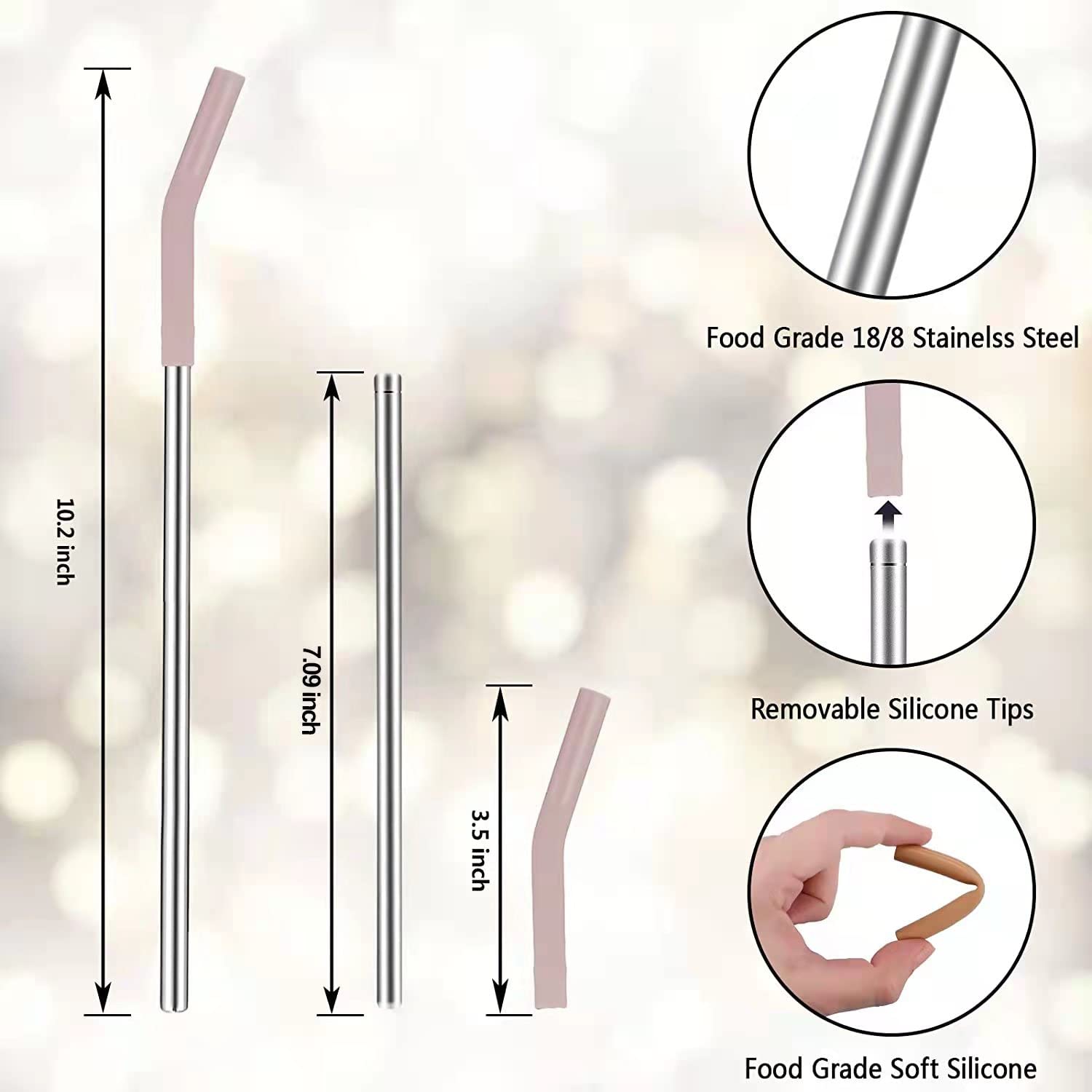 Tronco Set Of 6 Stainless Steel Reusable Metal Straws With Silicone Flex Tips Elbows Cover, Metal Drinking Straws For Tronco Tum