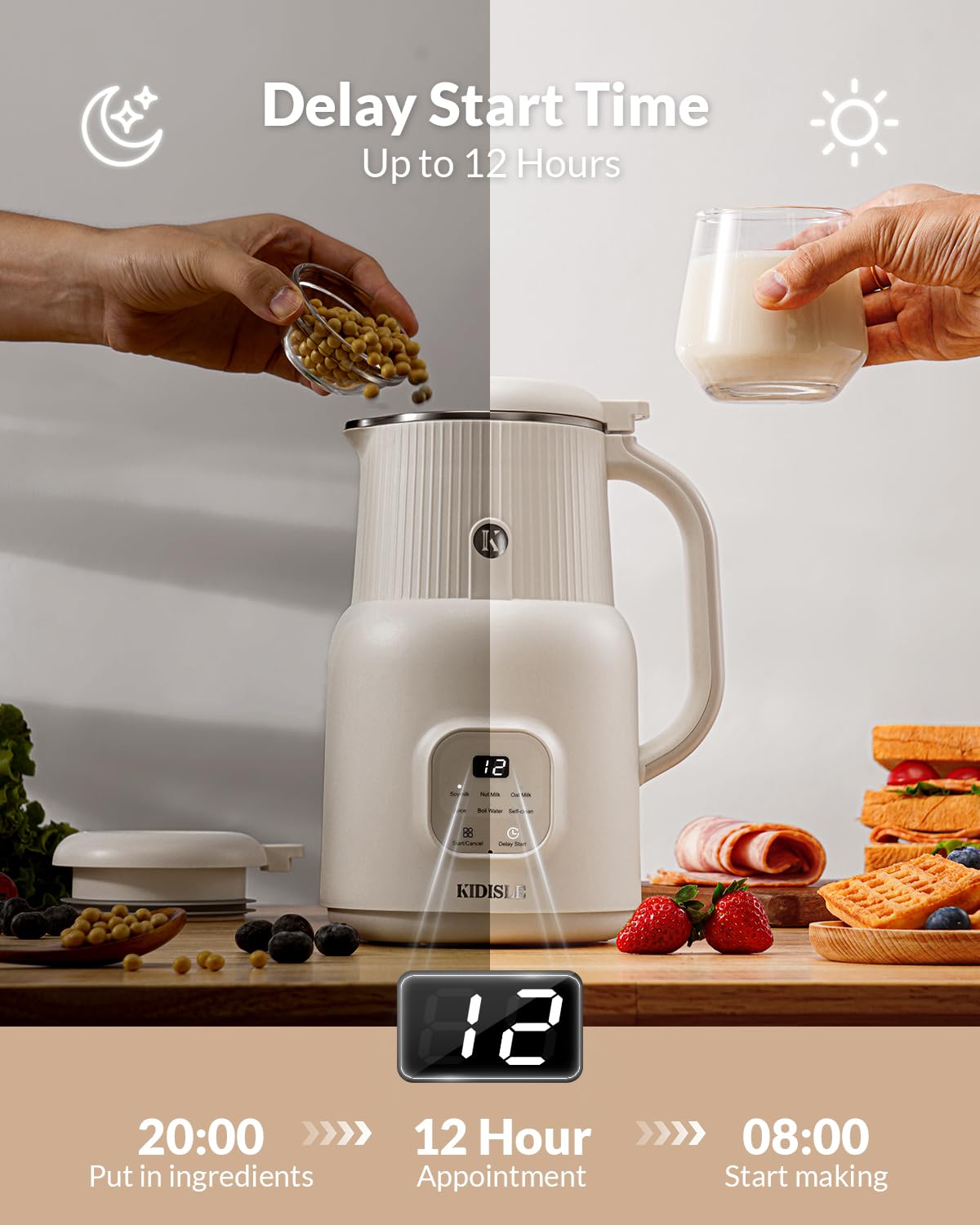 KIDISLE 6-in-1 Automatic Nut Milk Maker, 20oz, Stainless Steel, Cream - Homemade Coconut, Soy, Oat, Almond Milks & Non-Dairy Beverages