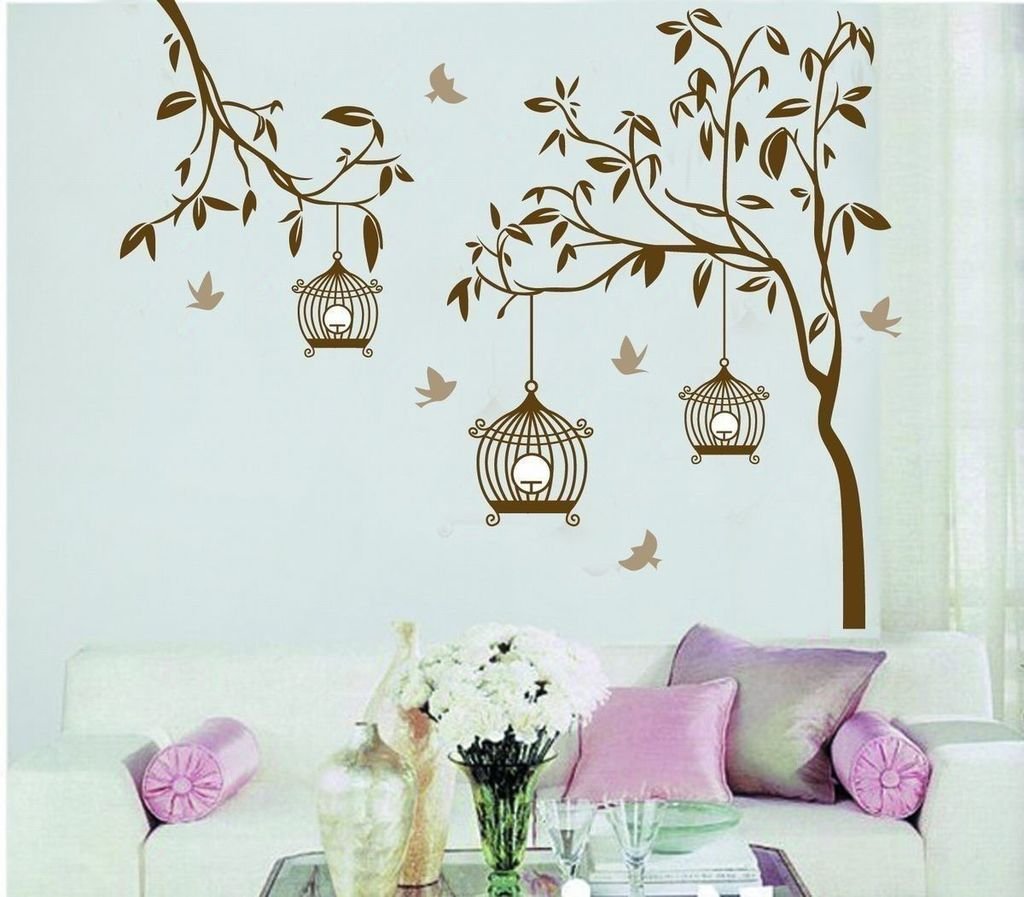 Decals Design Stickerskart Wall Stickers Tree With Birds And Cages (Wall Covering Area: 140X110Cm,Product Dimensions: 50X70Cm)