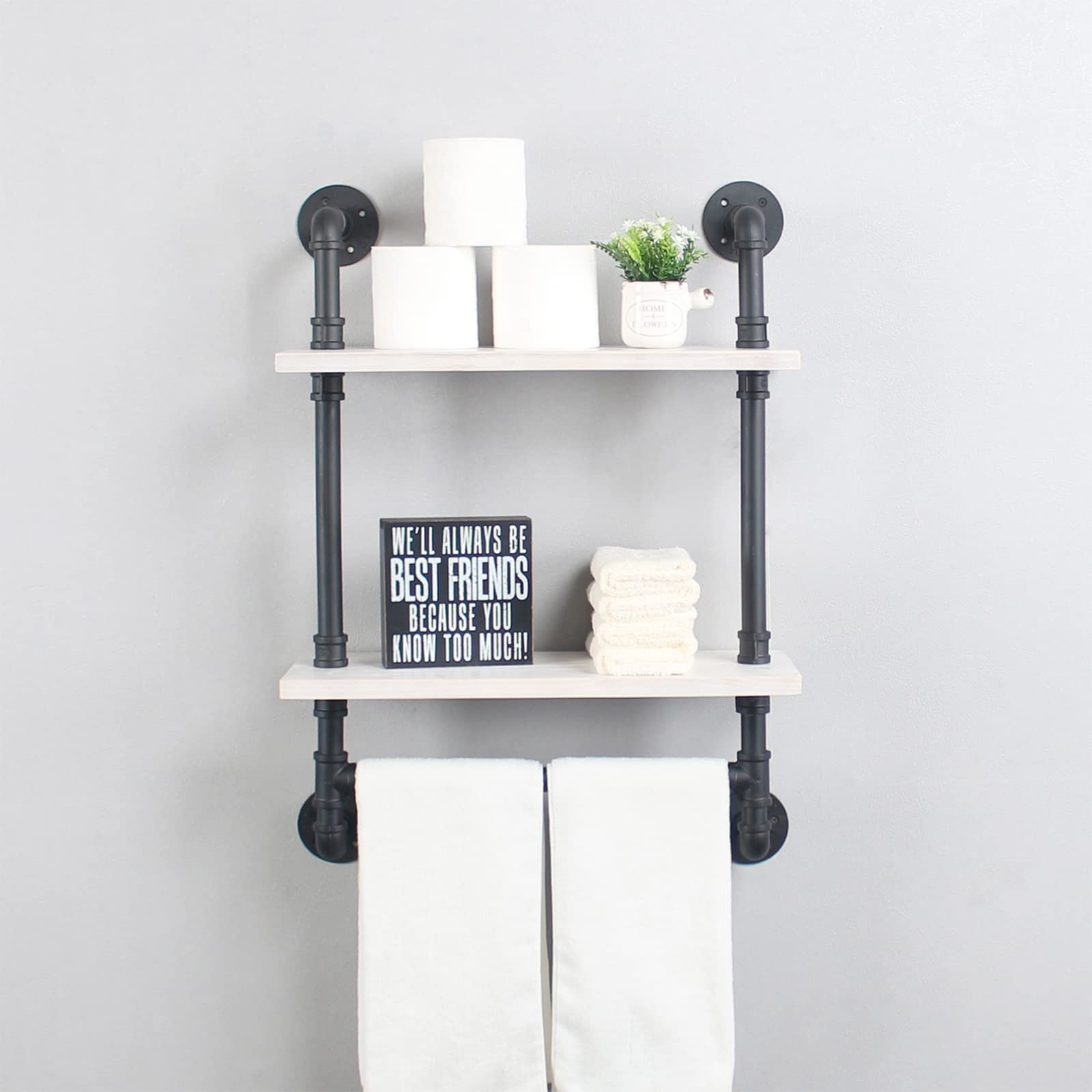 MBQQ Bathroom Shelves 19.6in Rustic Wood Shelf with Towel Bar 2 Tier Farmhouse Towel Rack Over Toilet Pipe Shelving Floating Shelves Towel Holder Black & White